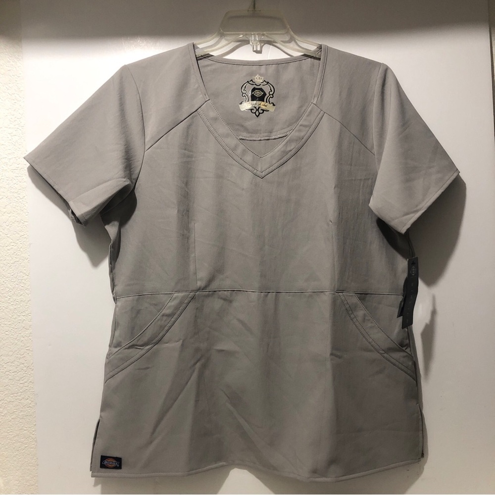 Dickies Scrub Top Women Large Gray Jersey 4-Way Stretch Fitted Waist Uniform